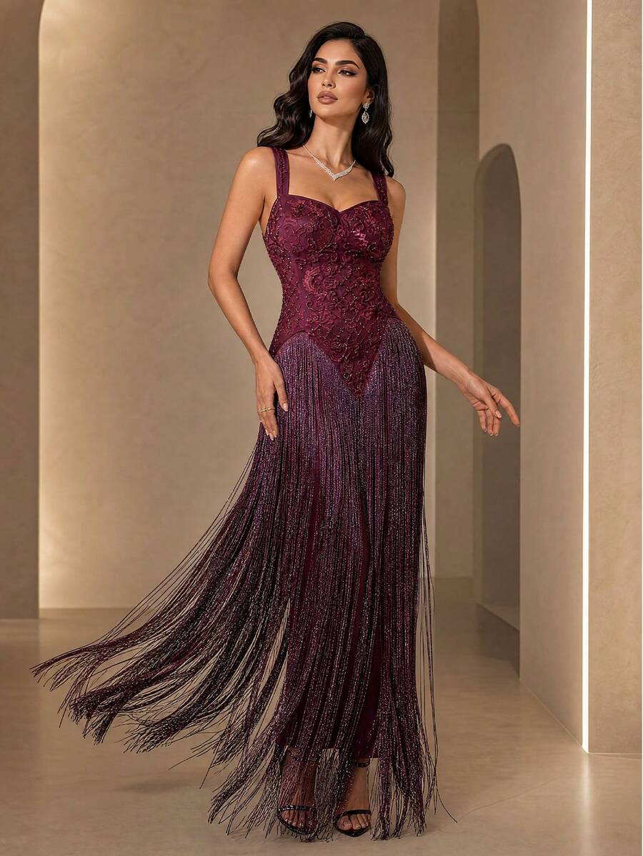 Elegant Women's Burgundy Sleeveless Tassel Decor Dress, Perfect For Balls And Formal Events, Soft And Suitable For Banquets And Galas - Dark Purple - View 1