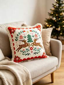 1PC Christmas Print Pillow Cover With Tassel Border, Double-Sided Decorative Pillowcase, Reindeer Flower Christmas Tree Pattern, Home Decoration, Sofa, Bed, Bedroom(Excluding Pillow Core)-Size Excludes 3cm Tassels - Multicolor - View 2
