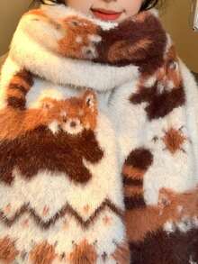 1pc Cute Panda Faux Mink Fur Double-Sided Scarf, Thick Warm Neck Warmer For Women, Autumn/Winter, Versatile For Students - Rust - View 6