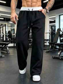 Men's Spring/Autumn Double-Layer Waist Wide Leg Sweatpants, Loose Straight Leg Draped Solid Color Casual Sports Long Pants - Black - View 2