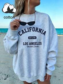 女款 California Los Angeles 字母印花秋冬休閒圓領長袖衛衣上衣 - 淺灰色 - 查看 7