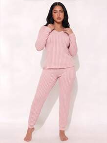 2-delars set med dam-loungewear med V-ringning och manschetter, elegant pyjamas-set i ribbstickat material med rund hals och lös passform, passar för våren - Rosa - Visa 5
