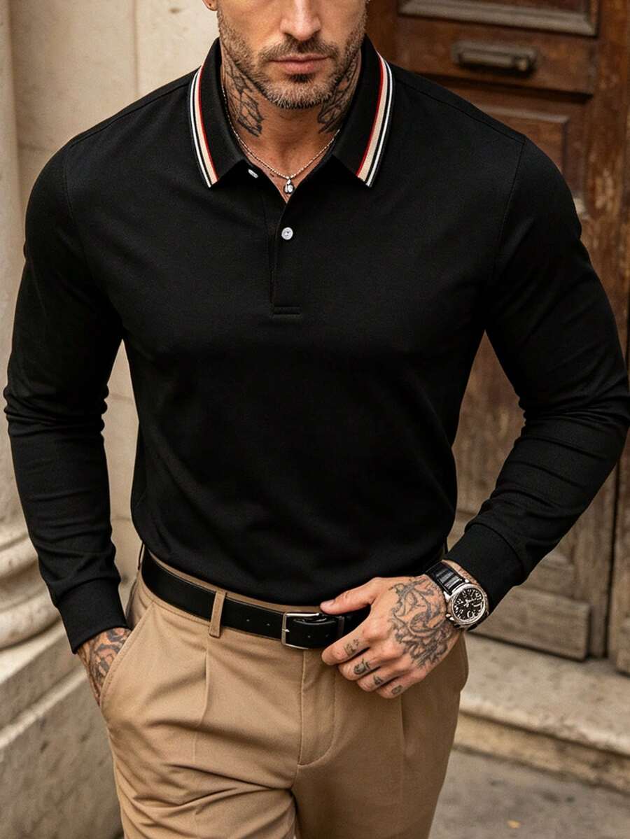Men's Spring/Autumn Fashion Casual Loose Fit Long Sleeve Polo Shirt With Turn-Down Collar, Suitable For Daily Commute And Travel - Black - View 1