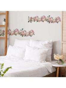 1pc Pink Flowers And Green Leaves Wall Sticker, Vinyl Decal For Home Decorations, Refresh Your Home, Festival Decoration Stickers Gifts Birthday Graduation - Multicolor - View 8