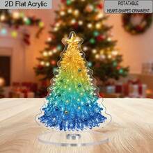 2D Flat, 2D Flat 1pc Rotating Christmas Tree Shaped Acrylic Desktop Ornament, Gradient Green Blue Glitter Christmas Tree With Star And Colorful Ball Decor Table Sign, 360° Rotatable Winter Holiday - A - View 7