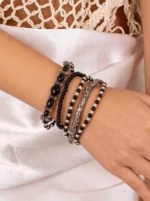 5pcs/Set New Black Beaded Bracelets, Fashion Elastic Cord Bracelet Set, Bohemian Style - Black - View 6