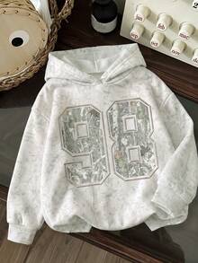 1pc Tween Girl Tween Girl Autumn/Winter Minimalist Style Digital Print Washed Hooded Long Sleeve Sweatshirt, Fashion Casual Sports Vacation Versatile Top - White - View 1