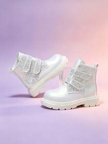 1 Pair Girls' White Boots, Shiny Upper With Decorative Pattern, Hook And Loop Closure, Round Toe, Non-Slip Thick Sole, Sweet Cool Princess Style, Suitable For Daily Wear, School, Festivals, Parties, Performances, Outdoor, Autumn/Winter New - White - View 6