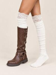 1/2 Pairs Women's Multi-Color Lace-Bow Slouchy Knee-High Socks, Ballet-Inspired Preppy Stockings For Daily Wear & Casual Outfits - Multicolor - View 5