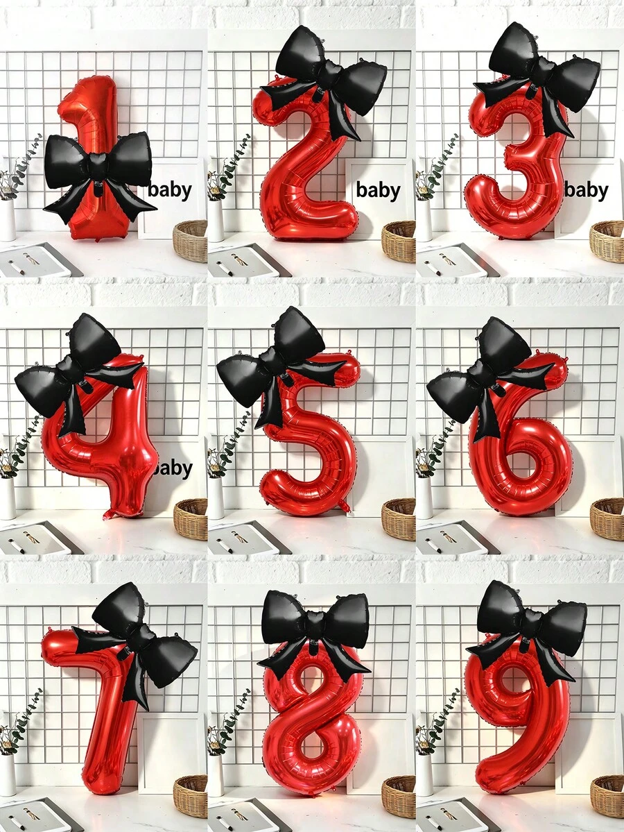 2件組 32英吋紅色0-9數字氣球套組,黑色蝴蝶結鋁箔氣球,大型生日數字氣球,適用於生日派對、嬰兒洗禮裝飾 - 紅色B - 查看 1