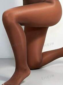 1pc Plus Size Rust Brown High Elasticity Tights, Women's High Density Solid Color Shiny Glossy Pantyhose, Scratch-Resistant, Suitable For Daily Wear - Rust Brown - View 1