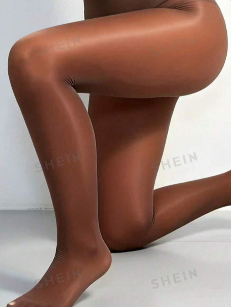 1pc Plus Size Rust Brown High Elasticity Tights, Women's High Density Solid Color Shiny Glossy Pantyhose, Scratch-Resistant, Suitable For Daily Wear - Rust Brown - View 1