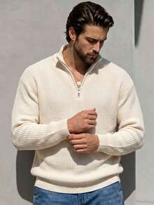 Men's Unisex Half-Zip Pullover Knit Sweater, Casual Daily Commute Versatile Solid Color Striped Loose Long Sleeve Half-High Neck Knit Top Sweater For Autumn And Winter - Beige - View 1