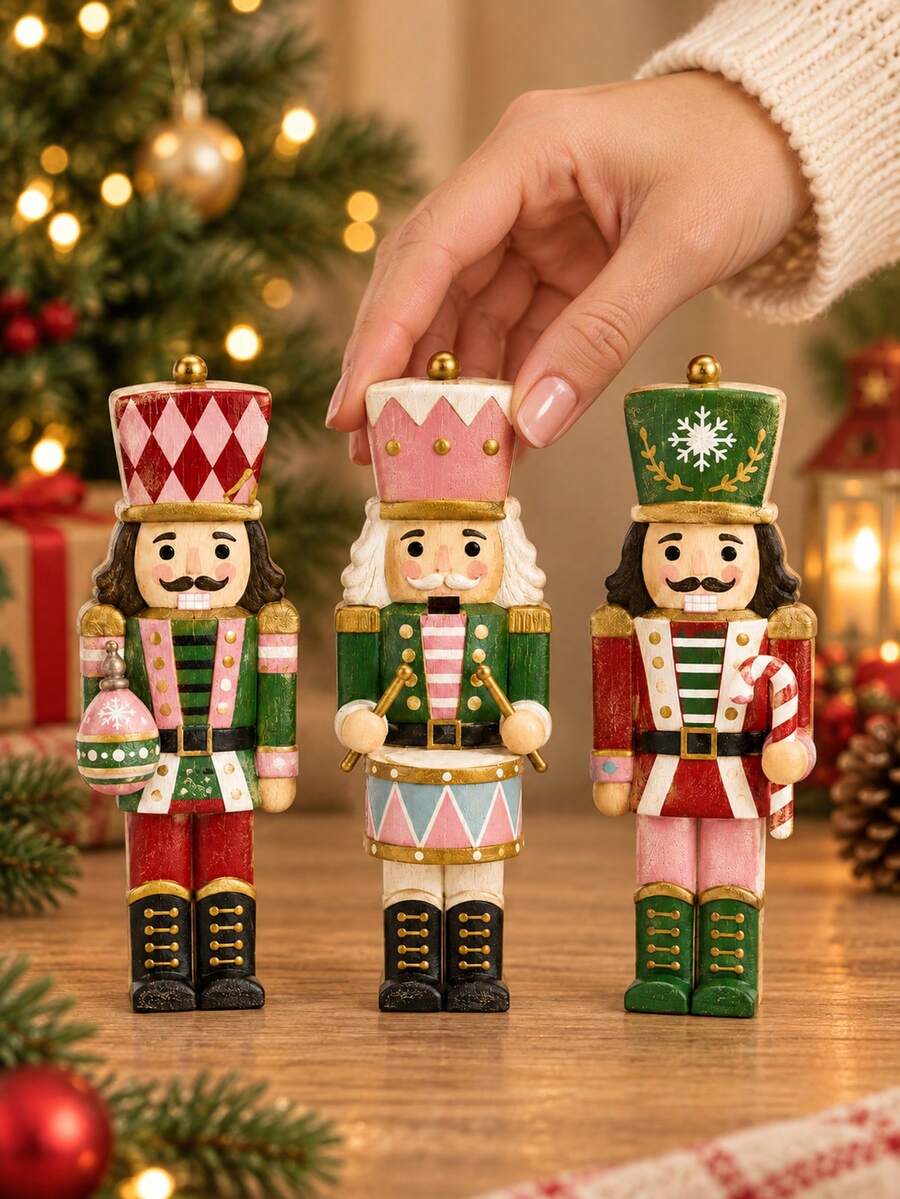 Freestanding Christmas Nutcracker Tabletop Decor, Featuring Christmas Ball, Drum And Candy Shapes, Soft Rustic Farmhouse Style, Suitable For Decorating Multi-Tier Trays, Dining Tables Or Porches - Multicolor - View 1