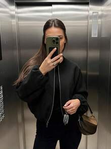Women Solid Color Zip-Up Short Jacket With Pockets, Casual Long Sleeve Soft Bomber Jacket, Versatile Minimalist Design For Autumn/Winter Black Spring - Black - View 2