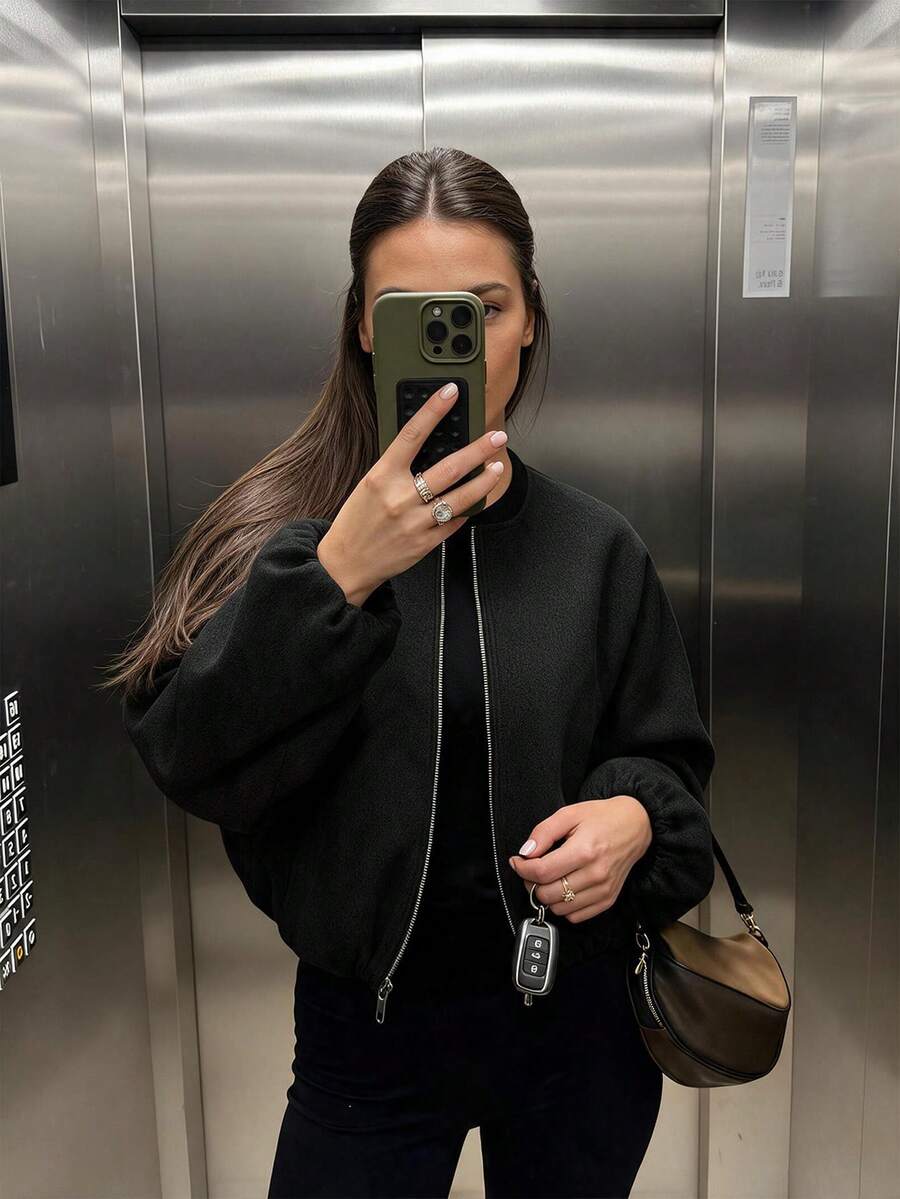 Women Solid Color Zip-Up Short Jacket With Pockets, Casual Long Sleeve Soft Bomber Jacket, Versatile Minimalist Design For Autumn/Winter Black Spring - Black - View 1