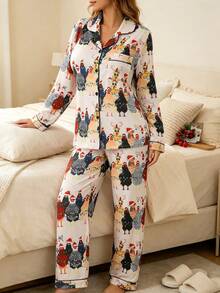 2pcs Women's Pajama Set, Gift 2-Piece Set, Lapel Button Long Sleeve, Loose Elastic Long Pants, Suitable For All Seasons, Home Wear, Outdoor Wear, Comfortable And Loose, New Full Print Pattern - Apricot - View 3