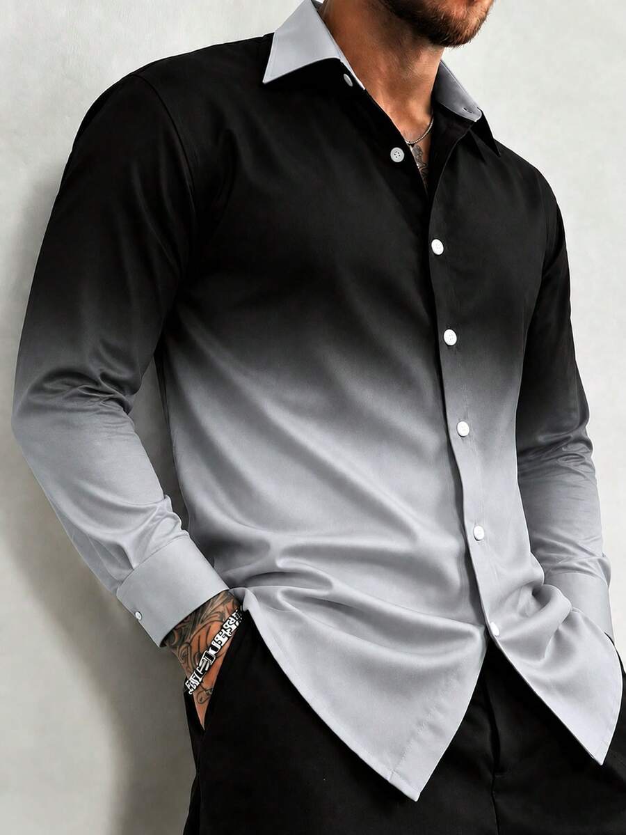 Vintage Casual Gradient Print Men's Plus Size Loose Lightweight Long Sleeve Shirt - Black - View 1