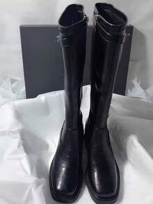 女款時尚靴 秋冬新款側拉鍊皮革機車靴 - 黑色 - 查看 2
