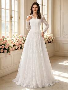 Elegant White Lace Wedding Dress With Train - White - View 9