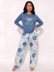 Early Autumn New Blue Women's 2-Piece Long Sleeve Pajama Set, Bow & Shell Print Long Sleeve Pants Set - Blue - View 1