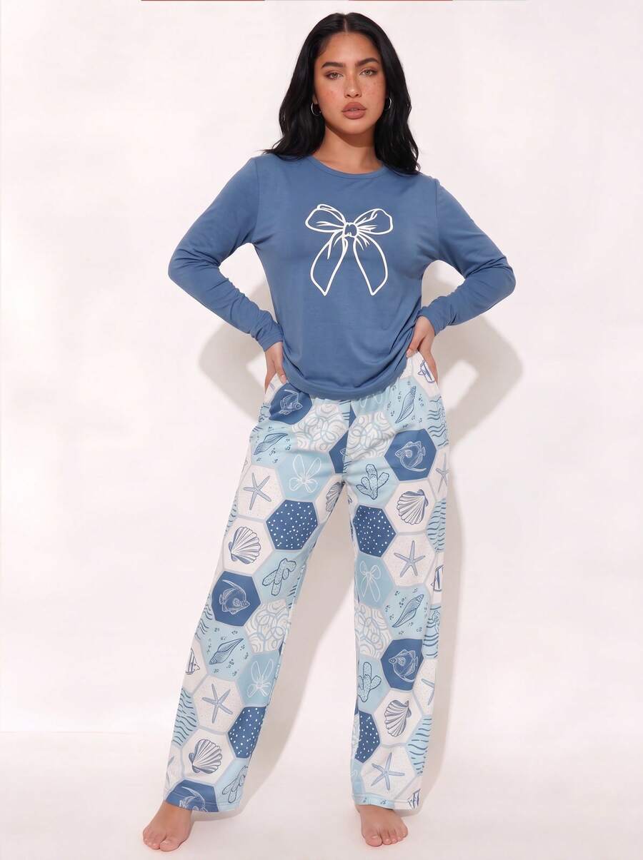 Early Autumn New Blue Women's 2-Piece Long Sleeve Pajama Set, Bow & Shell Print Long Sleeve Pants Set - Blue - View 1