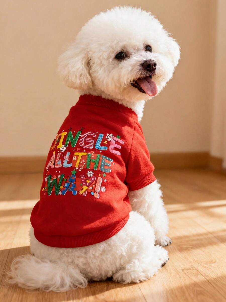LUCKIE PAL 1件裝聖誕 JINGLE ALL THE WAY 字母印花寵物衛衣,防跳蚤、減少掉毛,保暖透氣,適合小型犬、大型犬與貓,室內外皆可用 - 紅色 - 查看 1