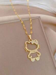 SANRIO 1pc, Cartoon Anime Character Hello Kitty Cute Hollow Pendant Necklace - Gold - View 2