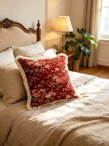 1PC Countryside Floral Print Pillow Cover With Tassel Border, Double-Sided Decorative Pillowcase, Red Peony Pattern, Home Decoration, Sofa, Bed, Bedroom(Excluding Pillow Core)-Size Excludes 3cm Tassels - Multicolor - View 2