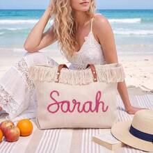 Personalized Boho Fringe Woven Tote Bag, Custom Name Beach Bag, Large Vacation Shoulder Tote, Bridesmaid Gift, Embroidered Tote For Women - Multicolor - View 5