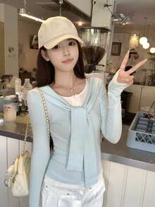 Women's Korean Style Minimalist Sexy Contrast Color Navy Shawl Collar Button Design Slim Fit Long Sleeve T-Shirt Top, Autumn - Blue - View 1