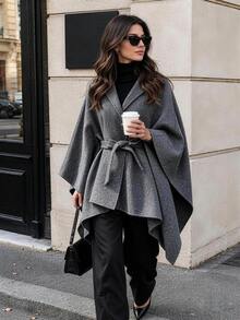 Women's Fashion Gray Tie-Front Shawl Coat, Woven Fabric, Long Sleeve, Regular Length, Suitable For Autumn/Winter - Grey - View 2