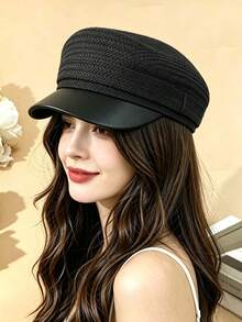 1pc Fashion Classic Autumn/Winter New Fishbone Pattern Flat Cap Outdoor Casual Solid Color Newsboy Hat - Flat Top - View 2