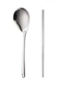 2pcs/Set 304 Stainless Steel Strainer + Long Chopsticks Set, Hollow Anti-Scald Anti-Slip Chopsticks, One-Piece Long Handle Noodle Strainer, Hot Pot Deep Fry Dumpling Skimmer For Home Use - Silver - View 11