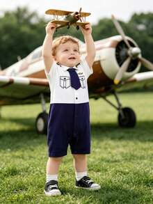 1pc Infant Pilot Jumpsuit, Baby Boy Short Sleeve Jumpsuit, Lightweight Spring/Summer Outfit, Suitable For Birthday/Holiday Gift - Multicolor - View 5