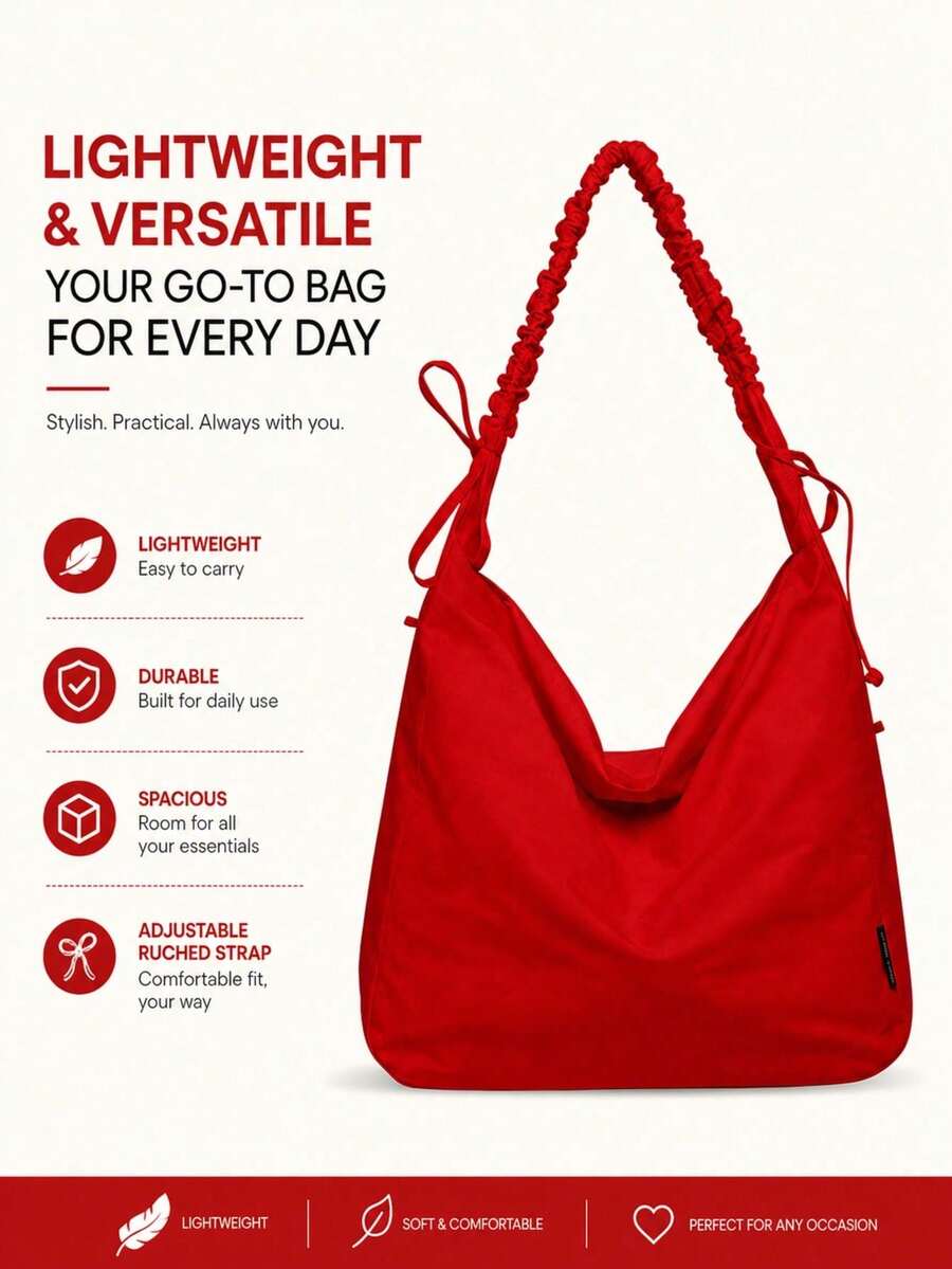 Cream Yellow Ruched Shoulder Strap Large Capacity Tote Bag For Women, Ultra-Light Waterproof Nylon Fabric, Tear-Resistant And Durable, Soft And Skin-Friendly, Drawstring Ruched Wide Strap, Can Be Worn On Shoulder Or Underarm, Versatile Casual Sports Large Bag For Fitness, Commuting, Short Trips, Shopping - Multicolor - View 1