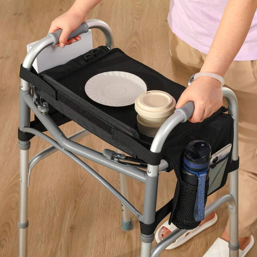 Tray For Walkers For Seniors With Cup Holder - Walker Accessories [W/Pockets, Cup Holder & Non Slip Mat For Food]Mobility Trays, Fits Walkers With Side Bar, Removable & Easy Assembly - Multicolor - View 1