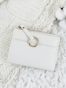 Women's Multi-Function Short Zipper Wallet, Foldable Card Holder With Snap Closure, Small Ring Wrist Strap Decor, Suitable For Outdoor Use - White - View 7