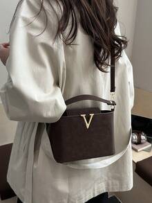 Women's Mini Bucket Bag, V-Shaped Metal Decor Handle Handbag, Casual Crossbody Bag With Detachable Shoulder Strap - Coffee - View 8