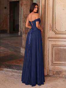 Charming Asymmetric Pleated Cold Shoulder Evening Gown, Ruched Bust Design, Suitable For Weddings, Balls, Banquets And Grand Events - Navy Blue - View 2