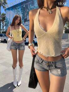 YEAE | 女款低腰復古水洗牛仔短褲附腰帶 Y2 休閒夏季 - 中等水洗藍 - 查看 2