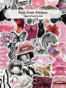 50pcs Pink Punk Stickers For Skateboard, Guitar, Laptop, Scrapbook, Storage Box, Room & Desk Decor DIY Graffiti Stickers - A - View 1