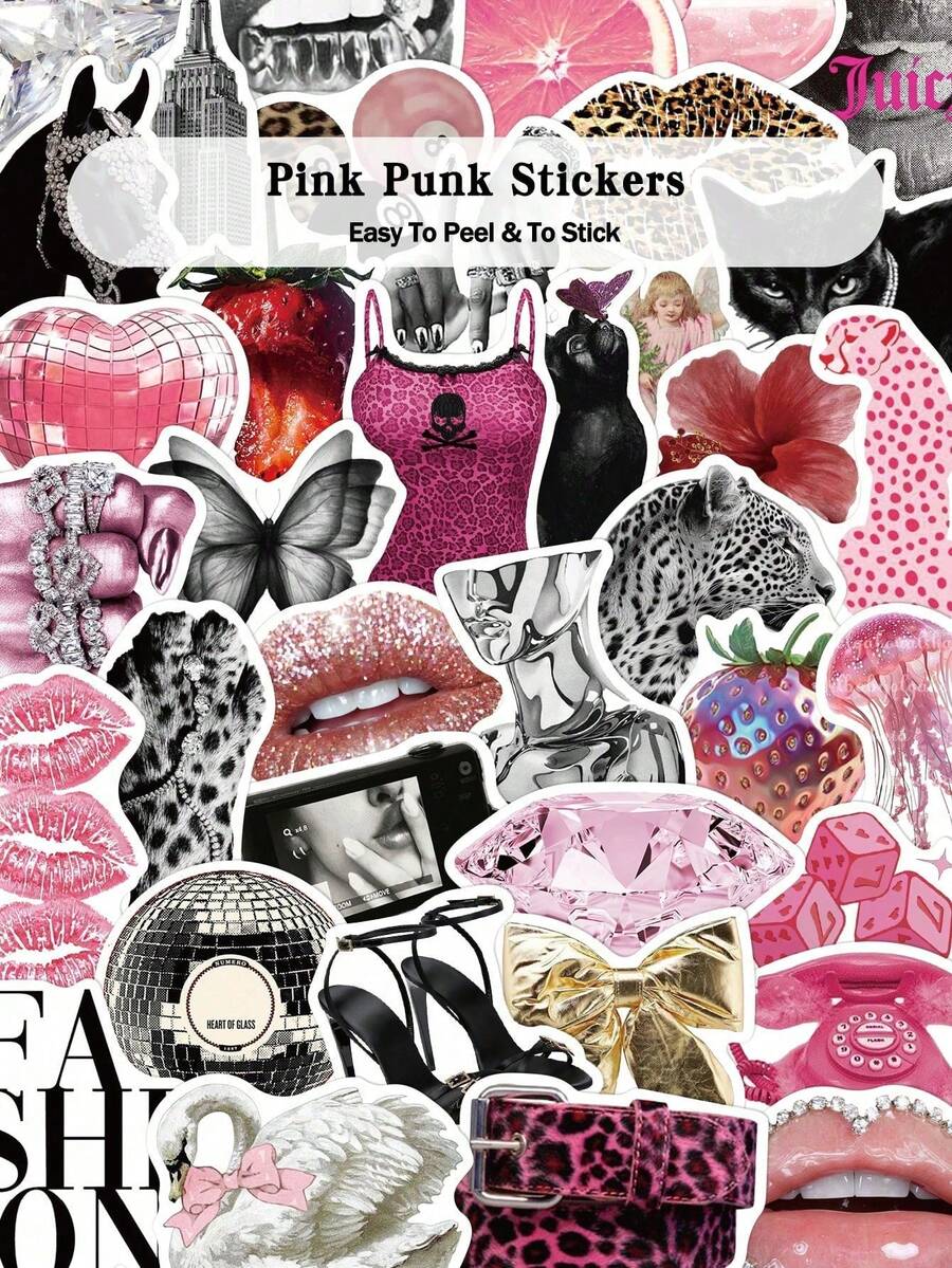 50pcs Pink Punk Stickers For Skateboard, Guitar, Laptop, Scrapbook, Storage Box, Room & Desk Decor DIY Graffiti Stickers - A - View 1