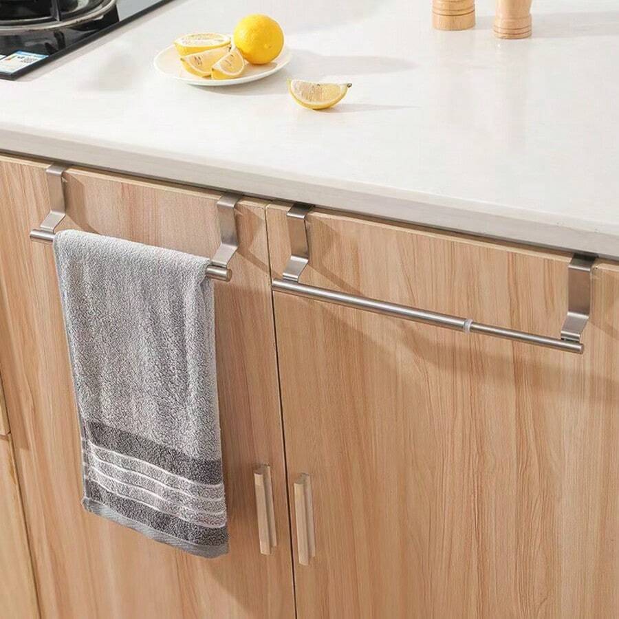 1pc Kitchen Sink Towel Rack Cabinet Door Hook, No-Drill Kitchen Cabinet Door Hanging Rack, Drawer Towel Rack, Available In Black/Silver/White - Silver - View 1