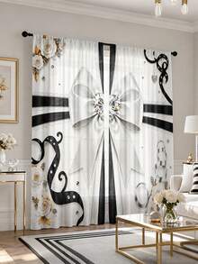 2Pcs Simple European Luxury Bow Camellia Wavy Print Pattern, Semi-Sheer Rod Pocket Curtains, Suitable For Living Room And Bedroom, Rod Not Included, Machine Washable - Black and White - View 9