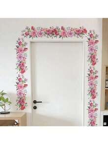 1pc Pink Flowers And Green Leaves Wall Sticker, Vinyl Decal For Home Decorations, Refresh Your Home, Festival Decoration Stickers Gifts Birthday Graduation - Multicolor - View 6