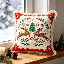 1PC Christmas Print Pillow Cover With Tassel Border, Double-Sided Decorative Pillowcase, Reindeer Flower Christmas Tree Pattern, Home Decoration, Sofa, Bed, Bedroom(Excluding Pillow Core)-Size Excludes 3cm Tassels - Multicolor - View 6
