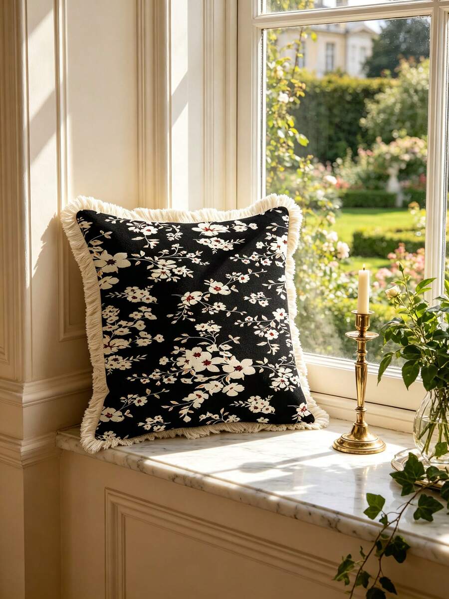 1PC French Floral Print Pillow Cover With Tassel Border, Double-Sided Decorative Pillowcase, Black Background White Flower Pattern, Home Decoration, Sofa, Bed, Bedroom(Excluding Pillow Core)-Size Excludes 3cm Tassels - Multicolor - View 1
