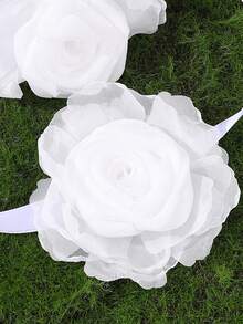 2pcs/Set Girls White Chiffon Large Flower Choker Necklace, Gentle Fairy-Like Fabric Rose Neck Chain, French Vacation Style Collarbone Accessory - White - View 3