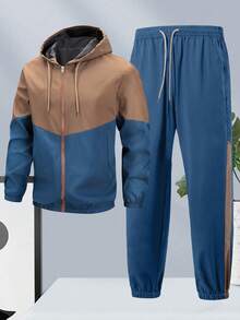 1 Set Men's Spring/Autumn Color Block Hooded Sports Outfit, Outdoor Casual Jogging Pants 2-Piece Set - Brown - View 4